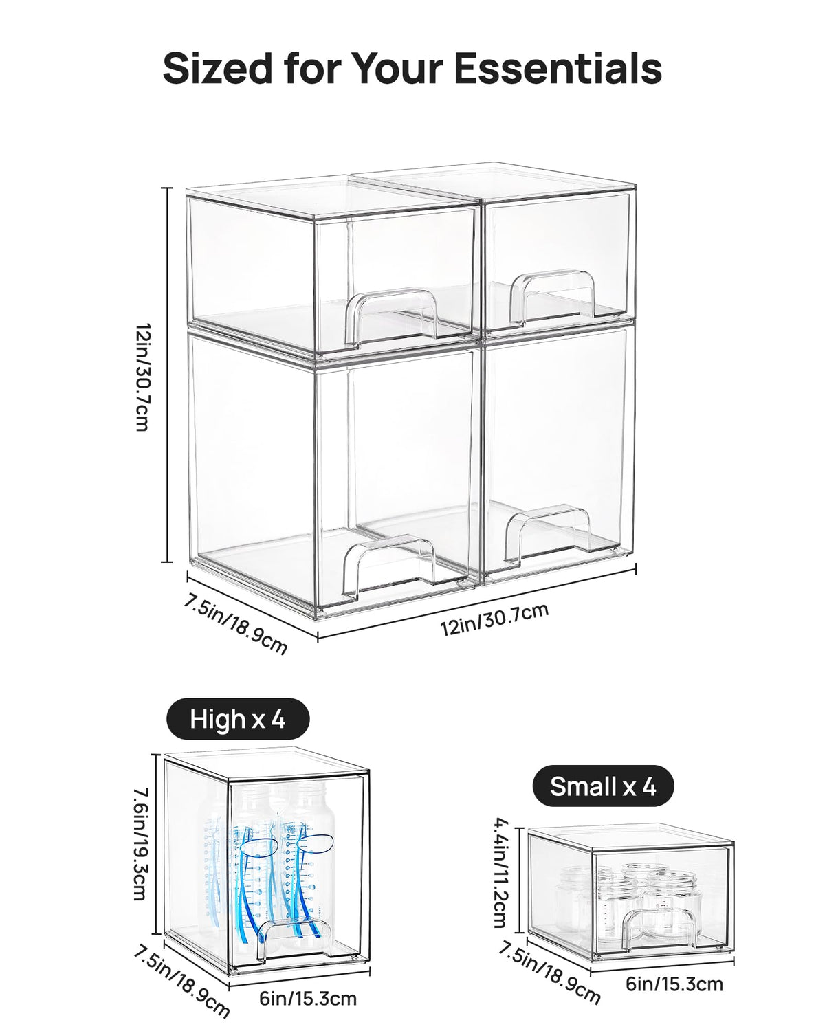 Clear Stackable Storage Drawers Set of 5, Plastic Organizer Bins |