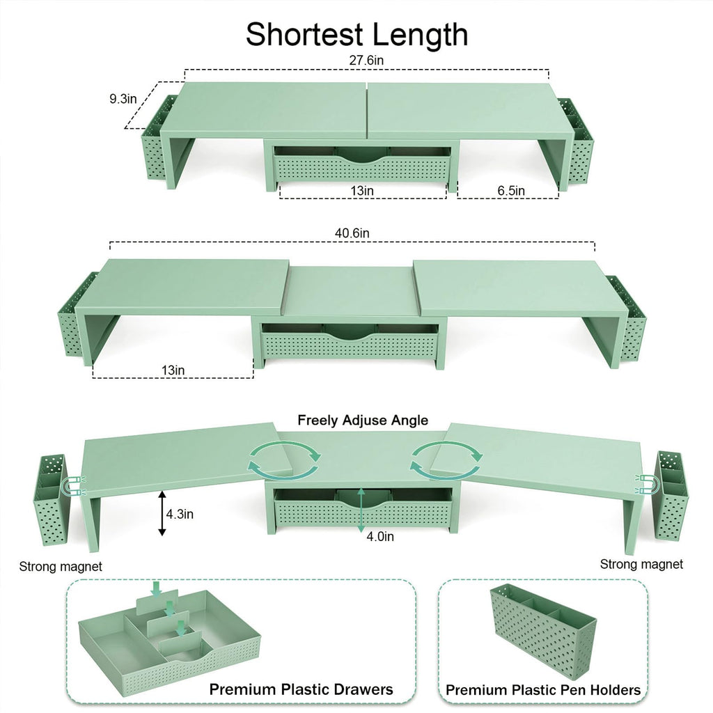 A product infographic showing a mint green magnetic desk in three configurations: shortest length, standard length, and freely adjustable angle. The diagram includes dimension measurements, labels for strong magnets, premium plastic drawers, and pen holders.