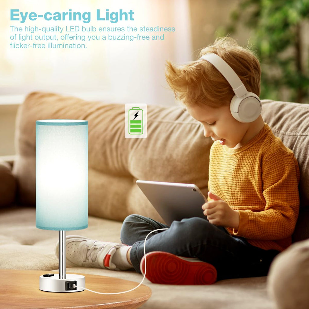 Bedside Table Lamp - Dimmable Touch, Wood-Grain Metal Base