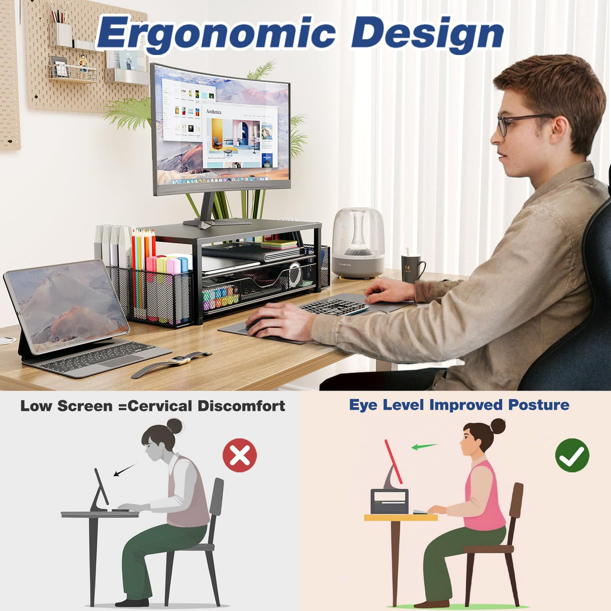 Desk Organizer and Accessories, 2-Tier Computer Monitor Stand Black