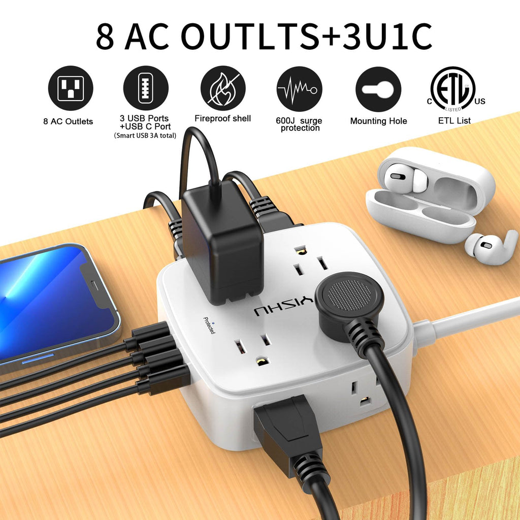 YISHU 6Ft Surge Protector Power Strip with 8 Widely Outlets & 4 USB Ports