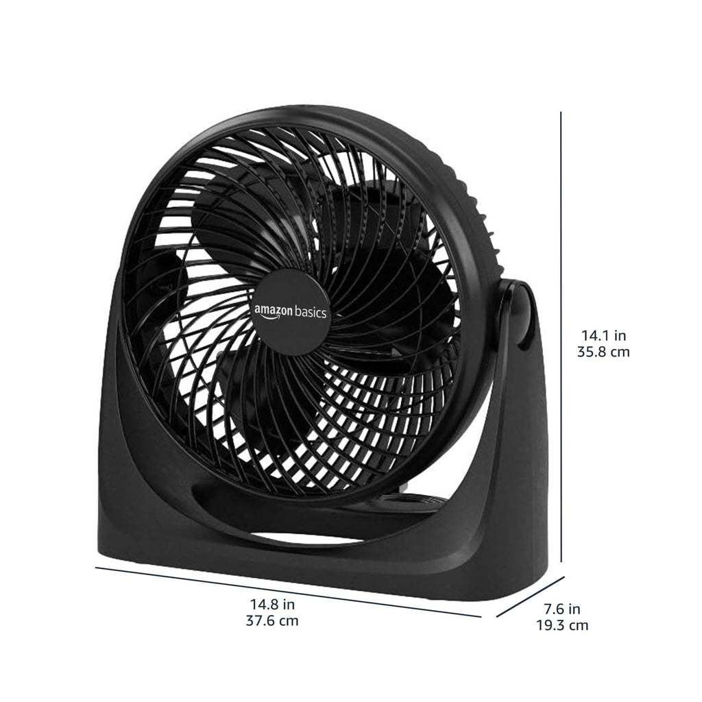 Amazon Basics Air Circulator Desk Fan for Bedroom, Home and Office, 90-Degree Tilt Head, 3 Speed Settings, Cooling, 35 Watts, Black, 11.1"W x 6.3"D x 10.9"H