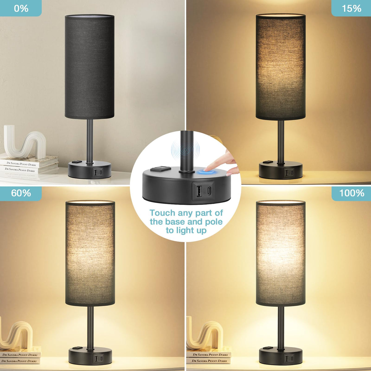 Bedside Table Lamp - Dimmable Touch, Wood-Grain Metal Base