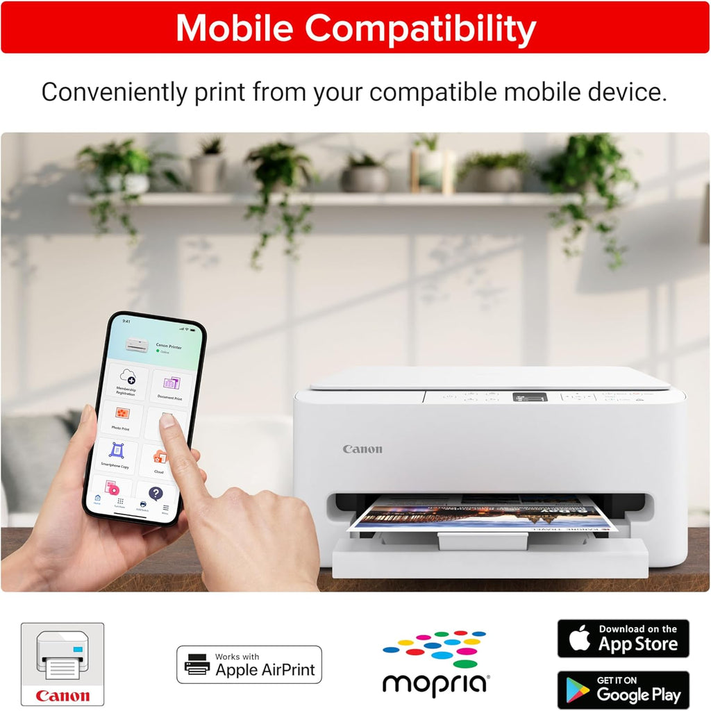 Person using a smartphone with a printing app next to a Canon printer, with text about mobile compatibility.