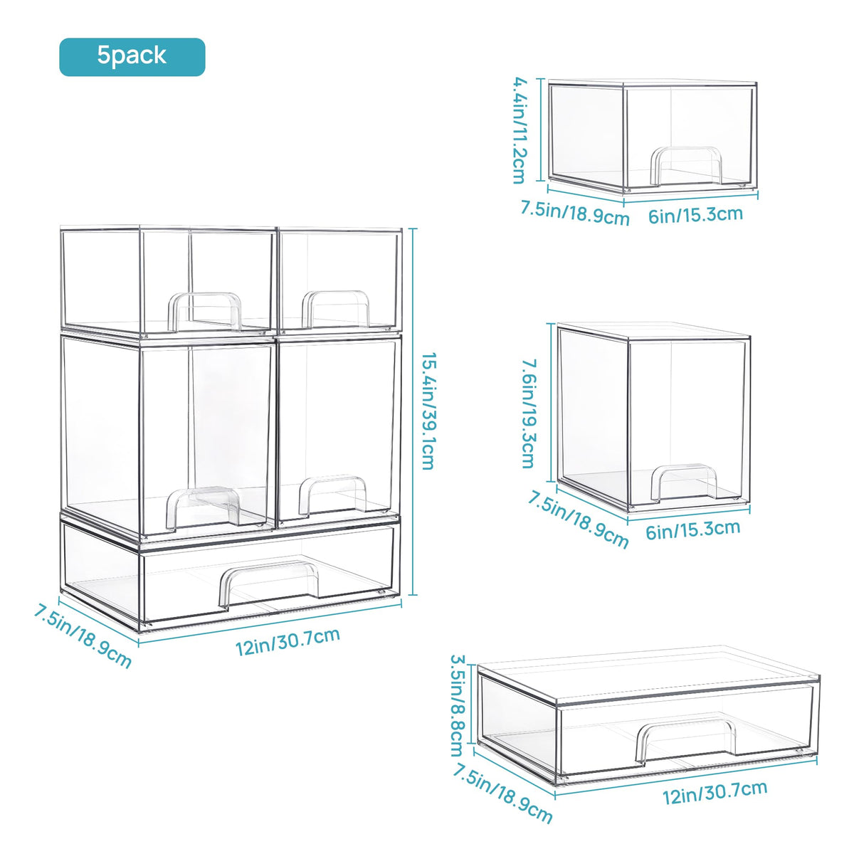 Clear Stackable Storage Drawers Set of 5, Plastic Organizer Bins |