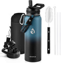 Blue and black gradient water bottle with accessories on a white background