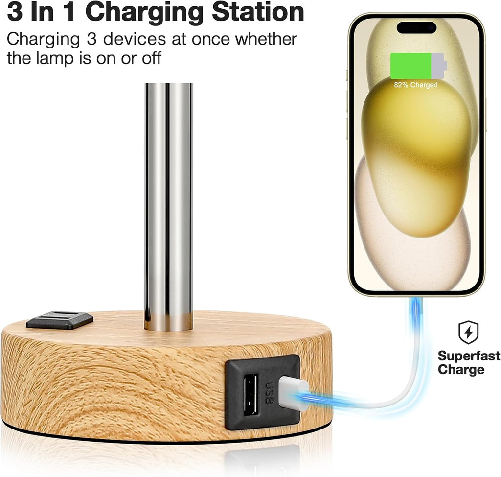 Bedside Table Lamp - Dimmable Touch, Wood-Grain Metal Base