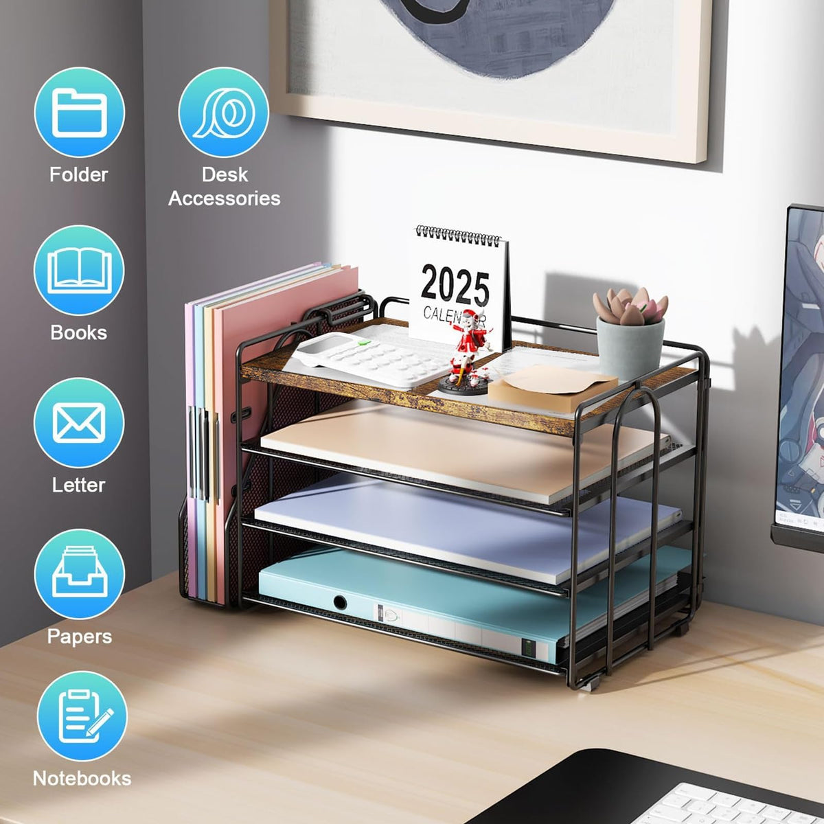 Paper Organizer With Magazine Holder | (Black, 4-Tier)