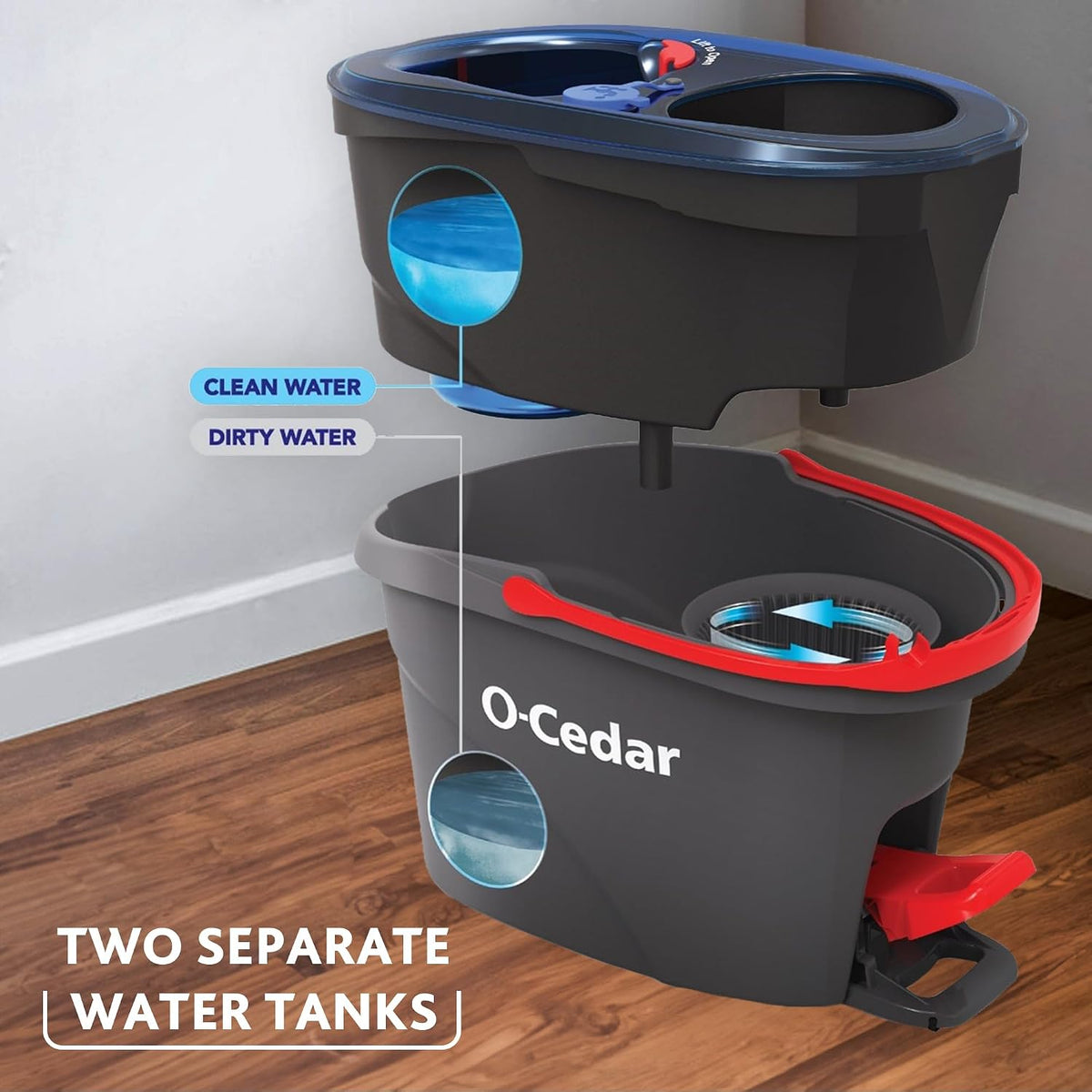 O-Cedar RinseClean Clean Water Spin Mop and Bucket System + 2 Extra Mop Heads | Clean with Clean Water | Removes 99% of Bacteria