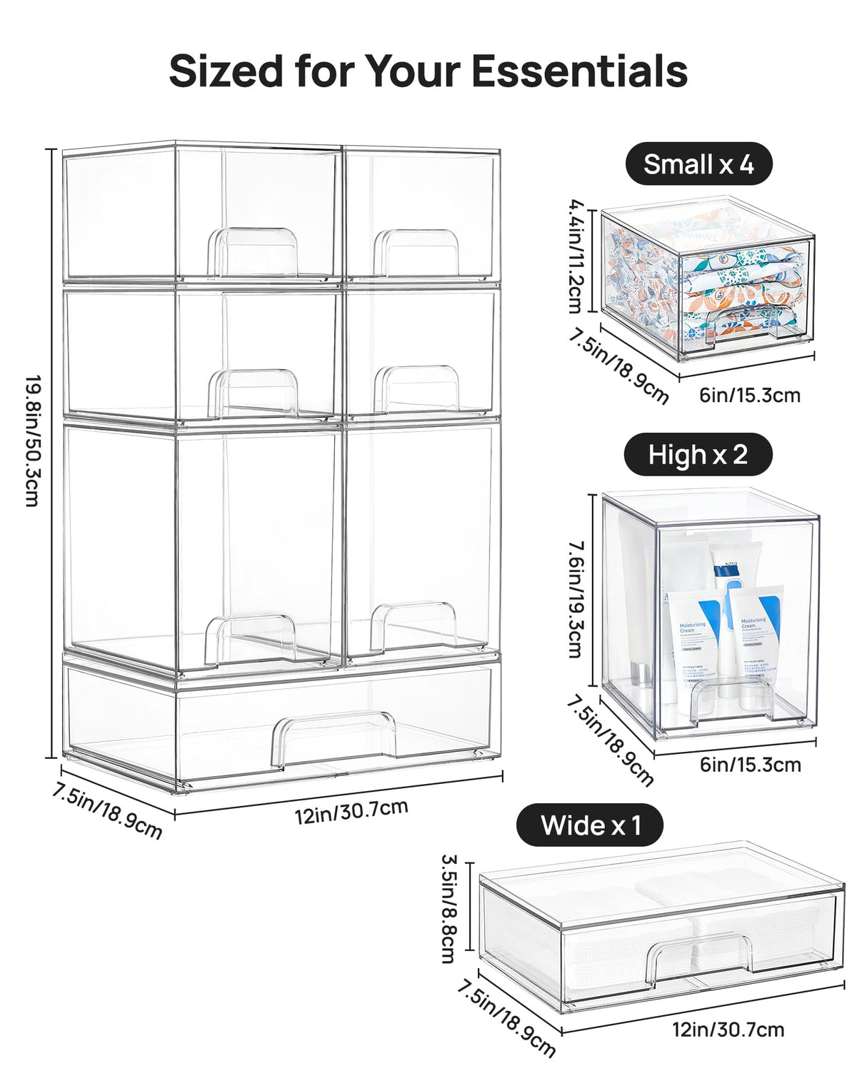 Clear Stackable Storage Drawers Set of 5, Plastic Organizer Bins |