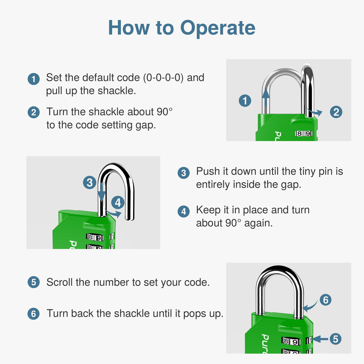Instructions on how to operate a green lock with a shackle, including steps and diagrams.