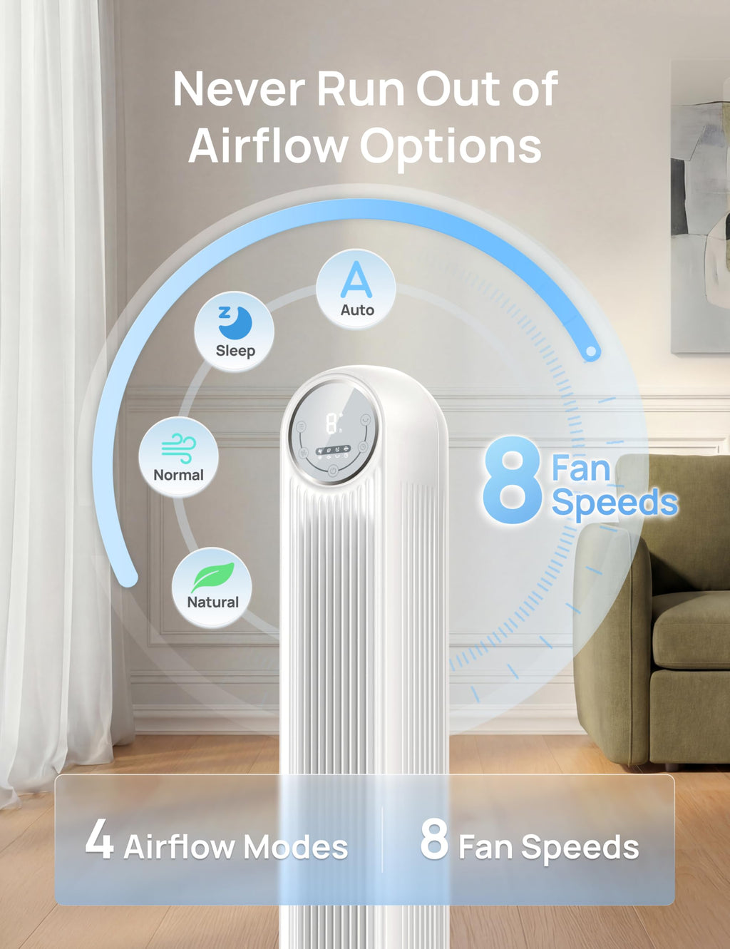 DREO Tower Fan for Bedroom, 25ft/s Velocity, 28dB Ultra Quiet, 4 Speeds