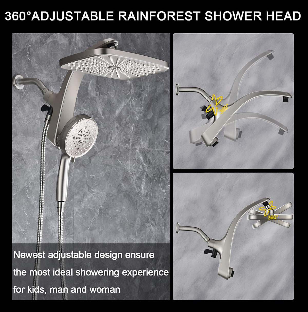 Shower Head with Rainfall Patter | Handheld Showerhead | Black | 1.8GPM