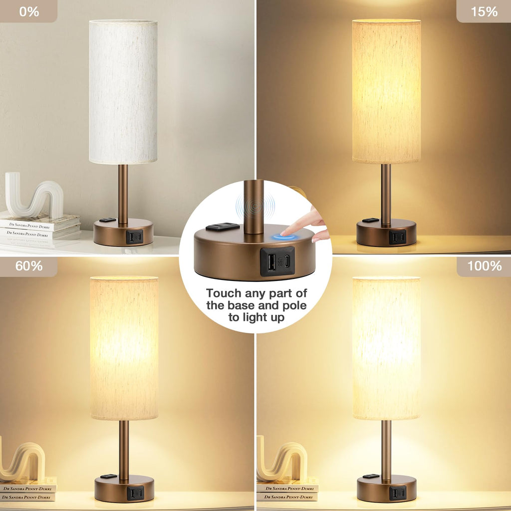 Bedside Table Lamp - Dimmable Touch, Wood-Grain Metal Base