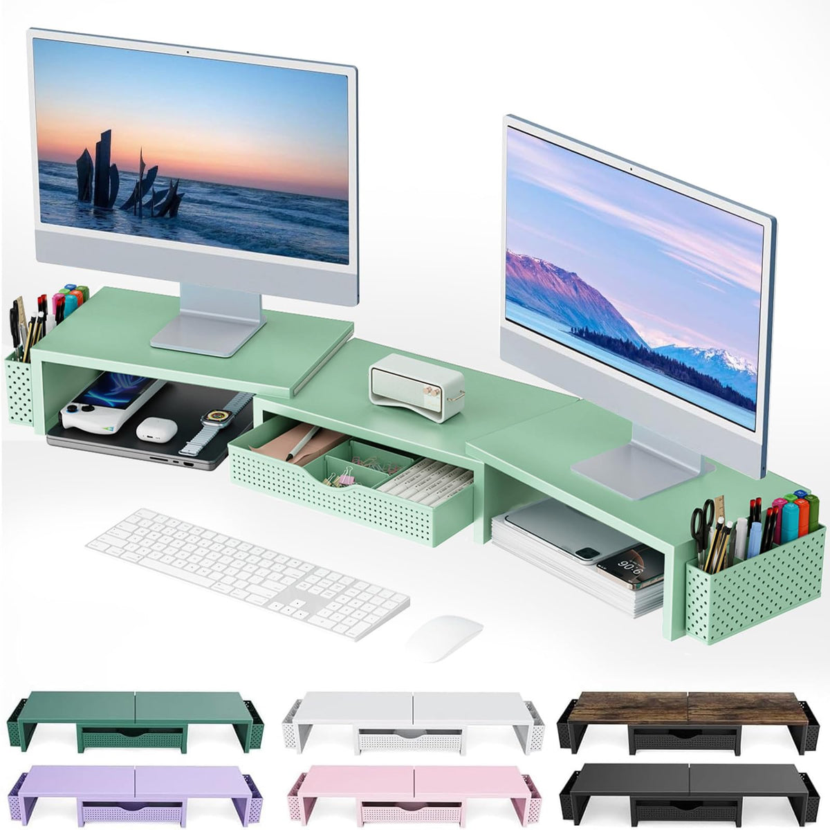 Green computer monitor stand with multiple shelves and compartments, displaying two monitors on a white background.