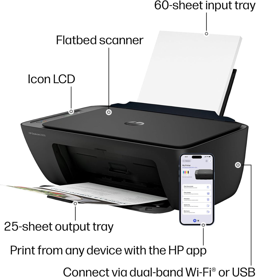Black HP all-in-one printer shown with callout labels for features including flatbed scanner, icon LCD, 60-sheet input tray, 25-sheet output tray, and smartphone printing via HP app over Wi-Fi or USB.