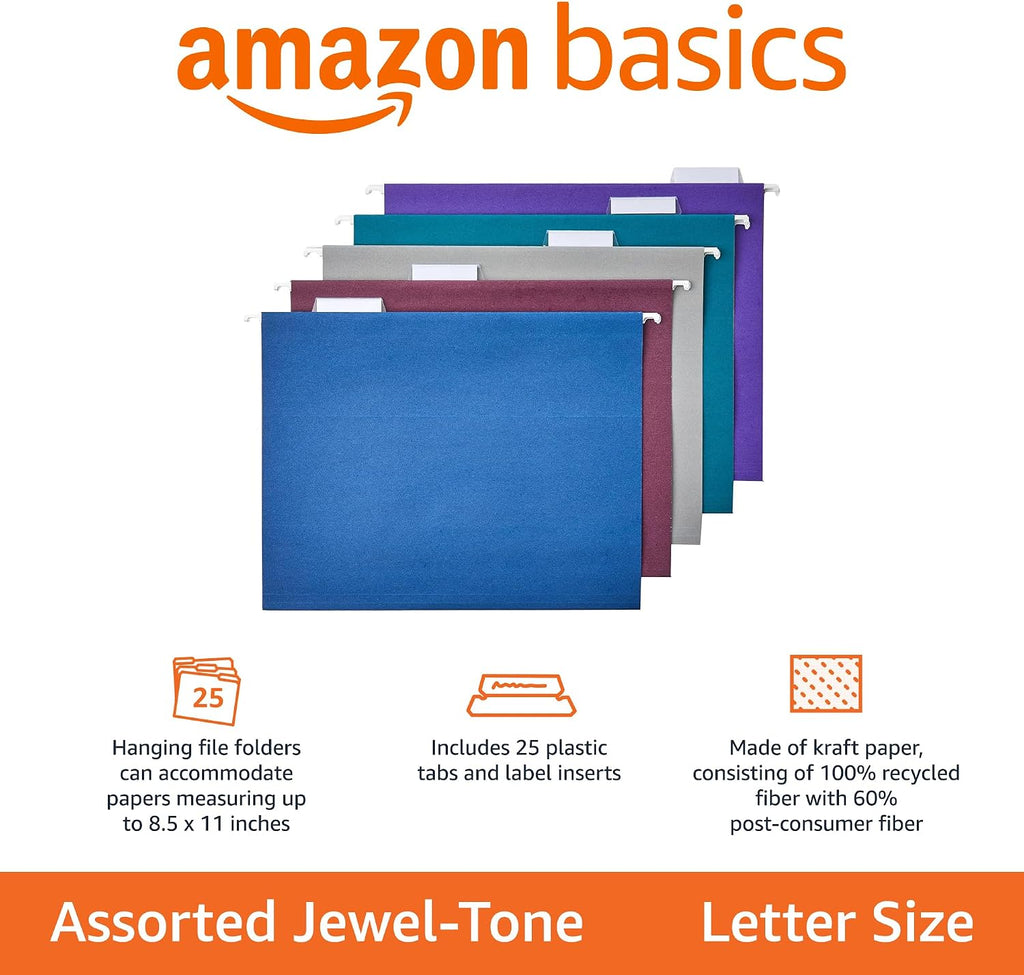 Amazon Basics Hanging File Folders with Adjustable Tabs, Sturdy Expandable Document Organizer, Letter Size 8.5x11 inch, Green, 25-Pack