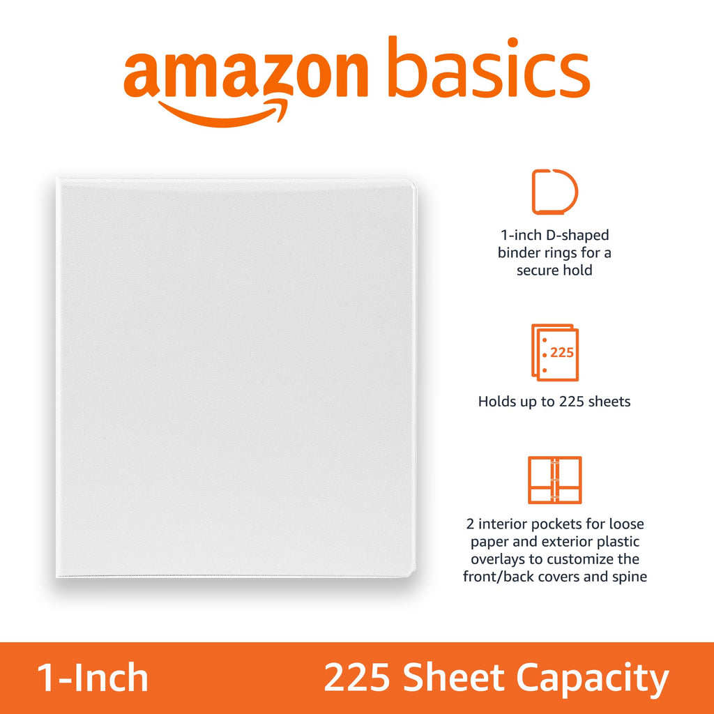 Amazon Basics 3 Ring Binders, 2 Inch, D-Ring Organizer for School, Home Office, White, 4 Pack