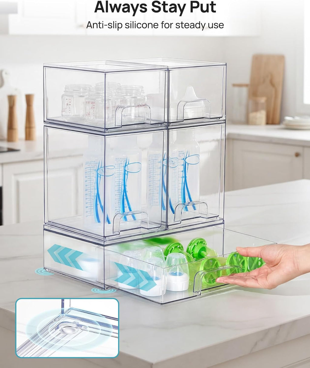 Clear Stackable Storage Drawers Set of 5, Plastic Organizer Bins |