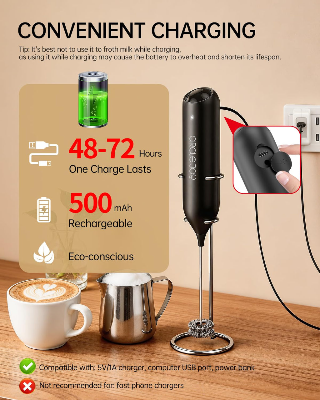 CIRCLE JOY Rechargeable Milk Frother Handheld, Dual Coil Whisk Head Electric Coffee Frother, Portable Hand Frother Wand Drink Mixer for Matcha Lattes Cappuccino, Kitchen Gifts, Black