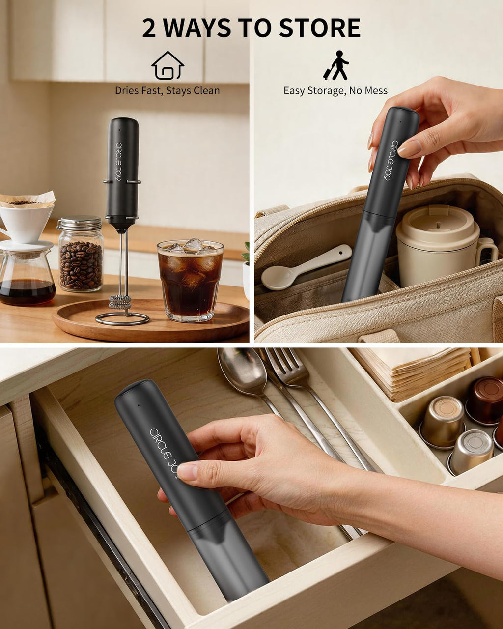 CIRCLE JOY Rechargeable Milk Frother Handheld, Dual Coil Whisk Head Electric Coffee Frother, Portable Hand Frother Wand Drink Mixer for Matcha Lattes Cappuccino, Kitchen Gifts, Black