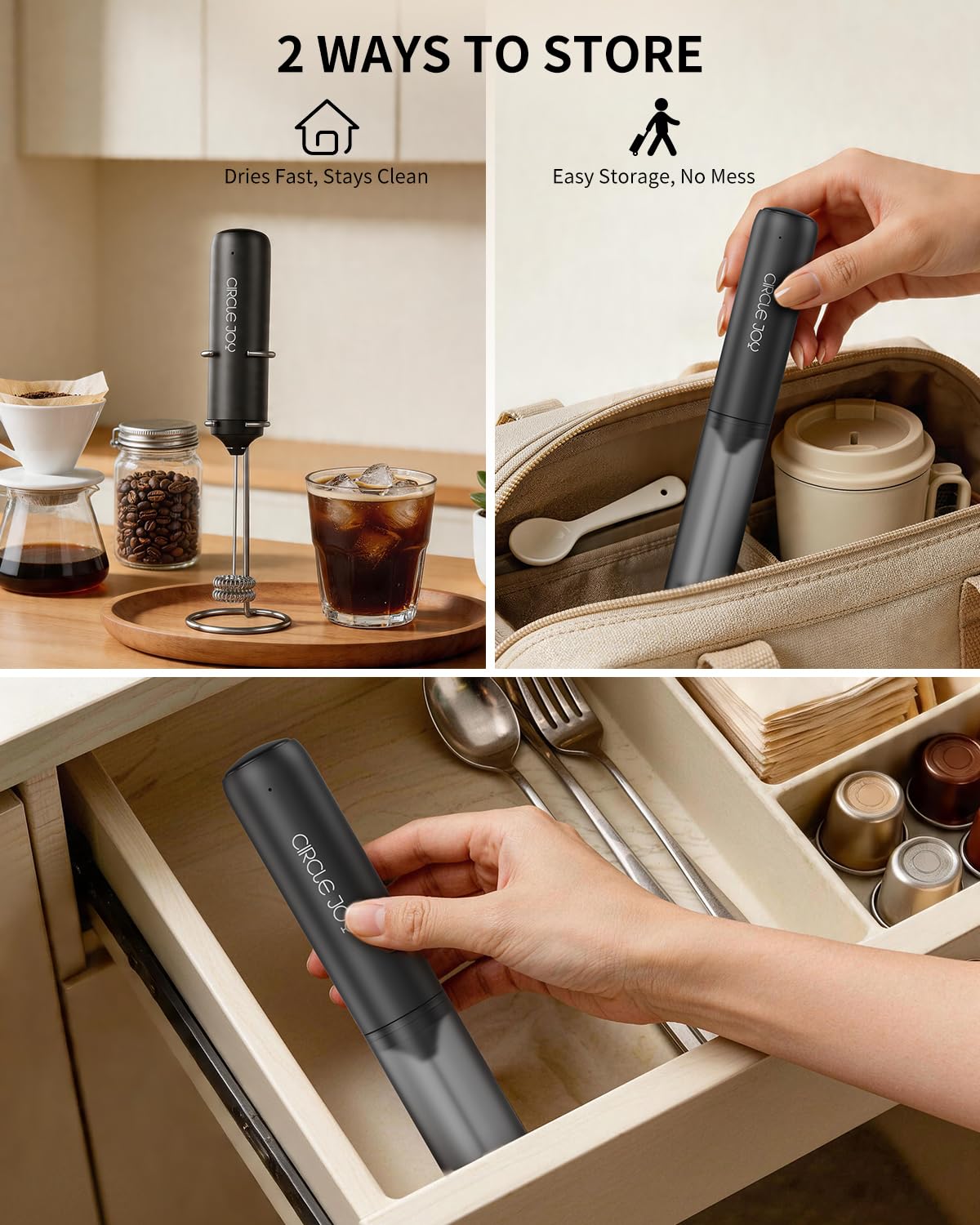 CIRCLE JOY Rechargeable Milk Frother Handheld, Dual Coil Whisk Head Electric Coffee Frother, Portable Hand Frother Wand Drink Mixer for Matcha Lattes Cappuccino, Kitchen Gifts, Black