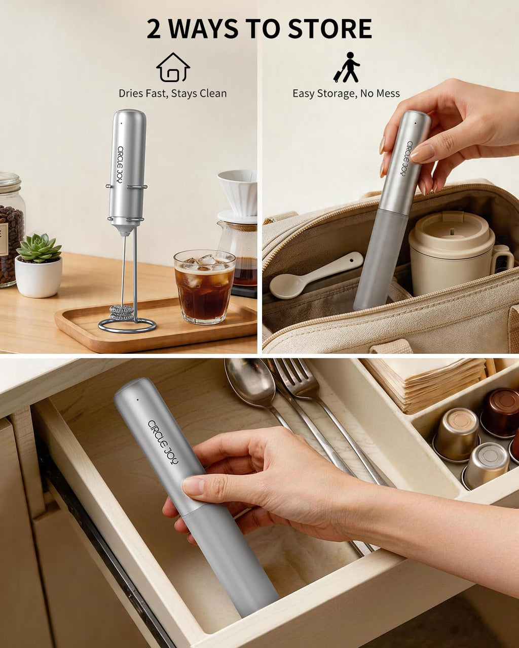 CIRCLE JOY Rechargeable Milk Frother Handheld, Dual Coil Whisk Head Electric Coffee Frother, Portable Hand Frother Wand Drink Mixer for Matcha Lattes Cappuccino, Kitchen Gifts, Black