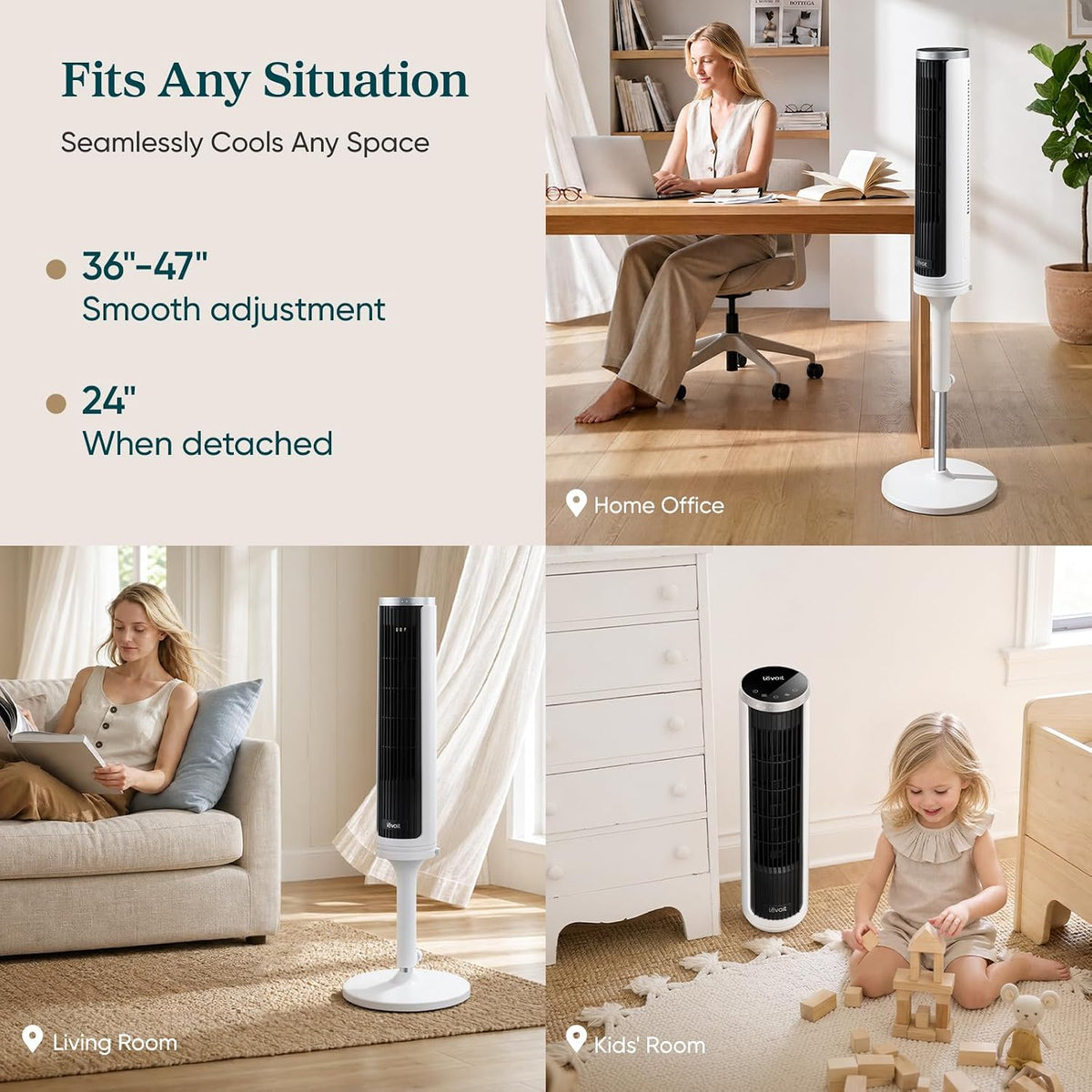 Levoit Tower Fan for Bedroom, Standing Fan with 36”-47” Adjustable Height