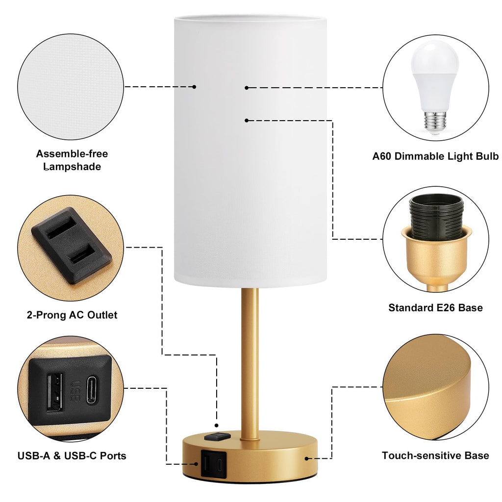 Bedside Table Lamp - Dimmable Touch, Wood-Grain Metal Base
