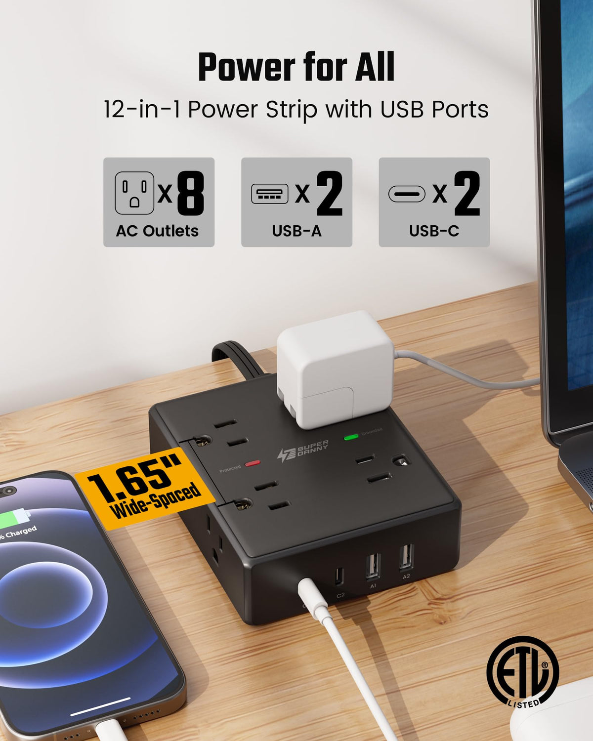 Extension Cord,Flat Plug Surge Protector Power Strip,10Ft | 8 AC & 4 USB Ports