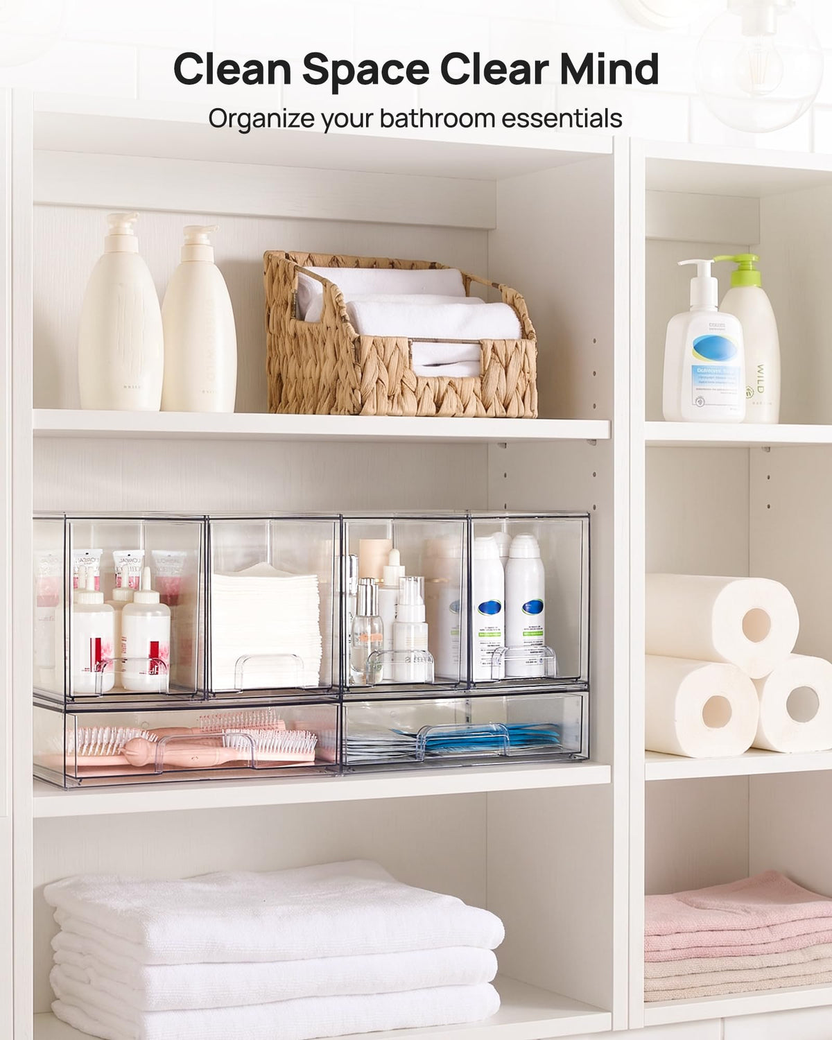 Clear Stackable Storage Drawers Set of 5, Plastic Organizer Bins |