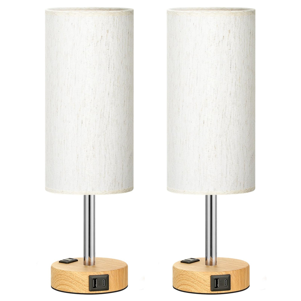 Bedside Table Lamp - Dimmable Touch, Wood-Grain Metal Base