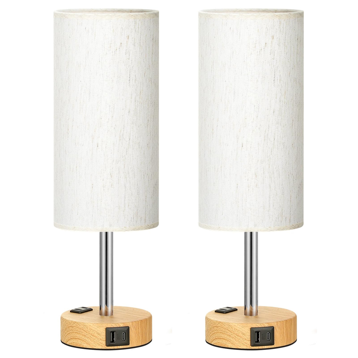 Bedside Table Lamp - Dimmable Touch, Wood-Grain Metal Base