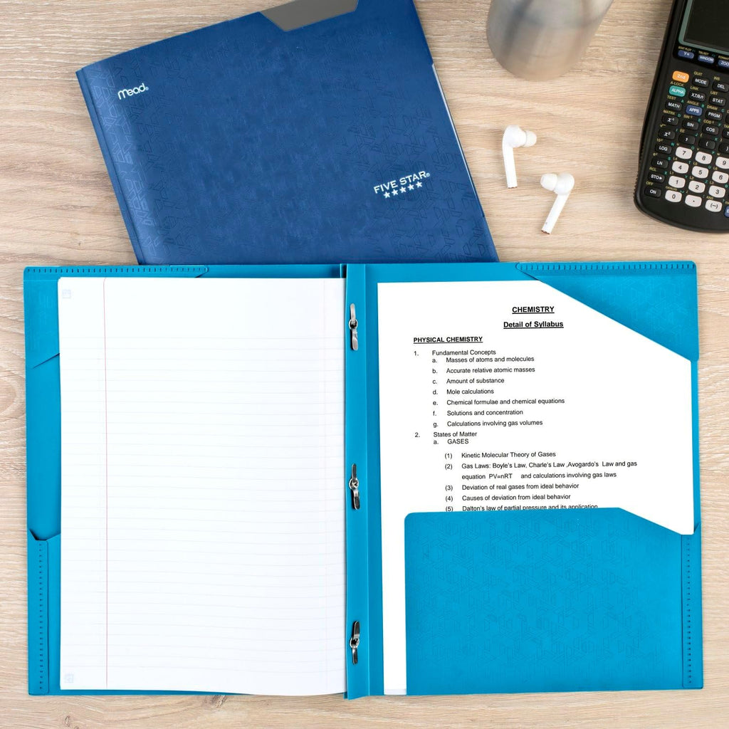 Five Star 2-Pocket Plastic Folder with Stay-Put Tabs and Prong Fasteners, Holds 8.5" x 11" Paper, Assorted Colors, 4 Pack (340300A)