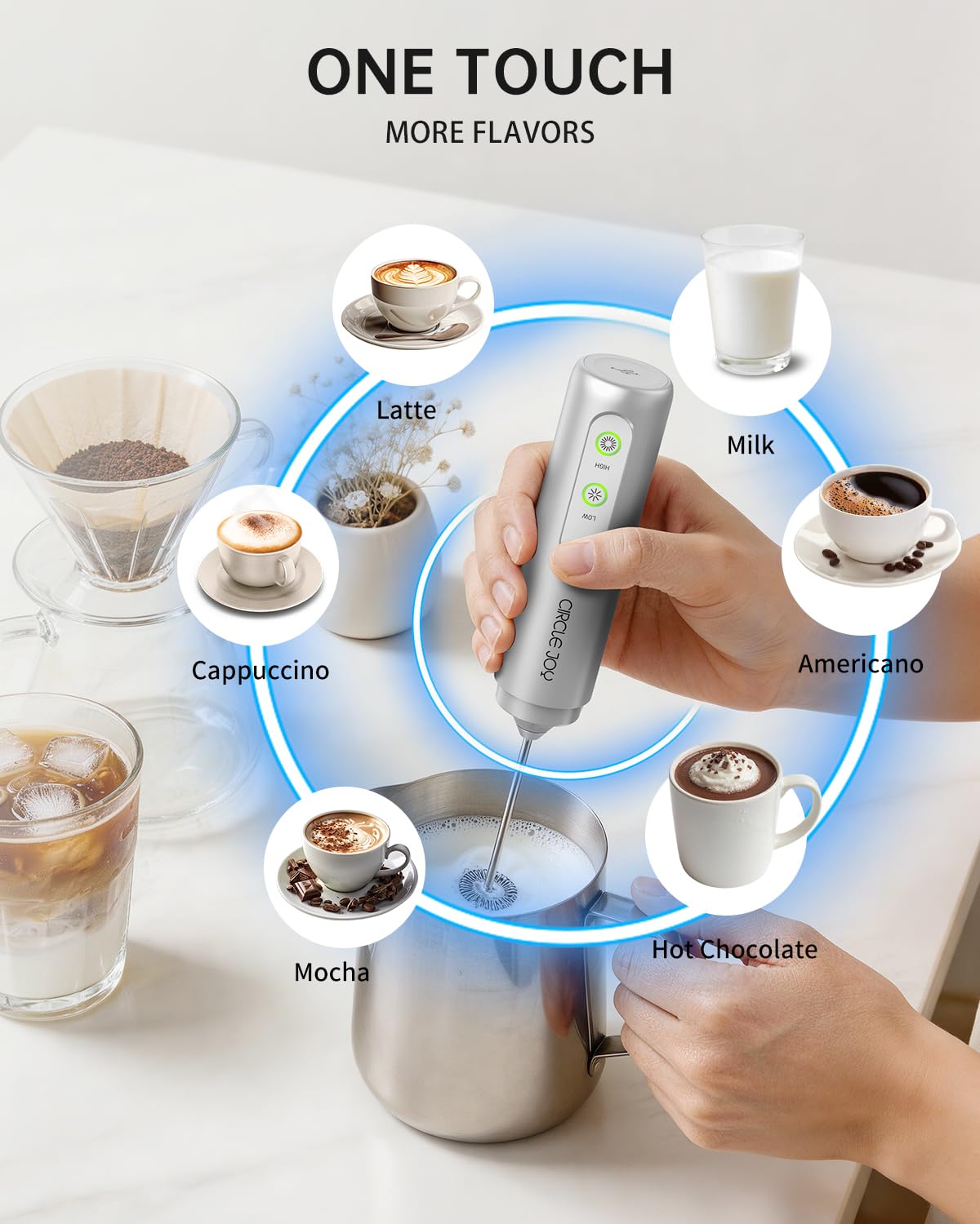 CIRCLE JOY Rechargeable Milk Frother Handheld, Dual Coil Whisk Head Electric Coffee Frother, Portable Hand Frother Wand Drink Mixer for Matcha Lattes Cappuccino, Kitchen Gifts, Black