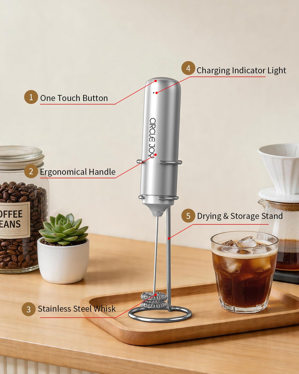 CIRCLE JOY Rechargeable Milk Frother Handheld, Dual Coil Whisk Head Electric Coffee Frother, Portable Hand Frother Wand Drink Mixer for Matcha Lattes Cappuccino, Kitchen Gifts, Black