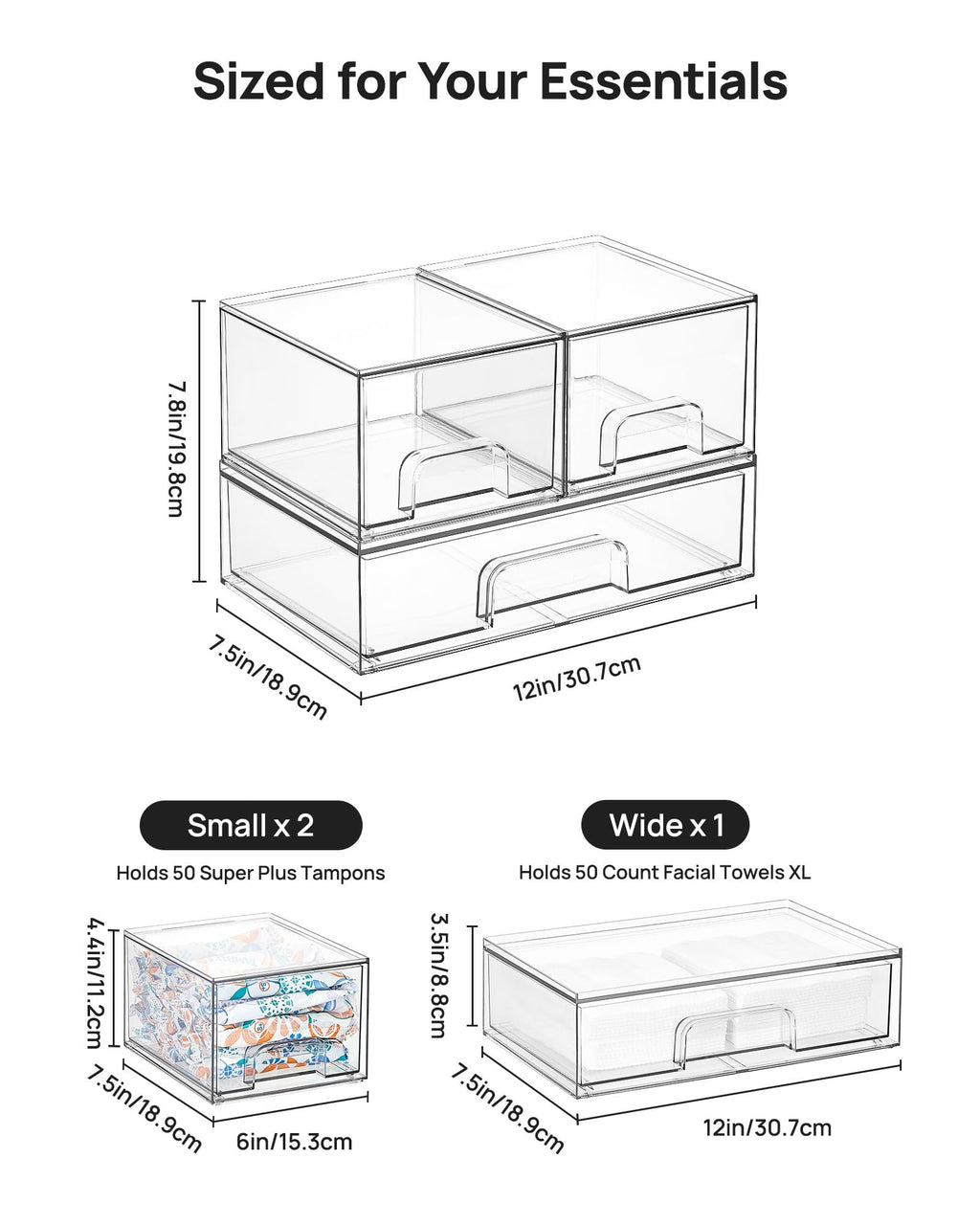 Clear Stackable Storage Drawers Set of 5, Plastic Organizer Bins |