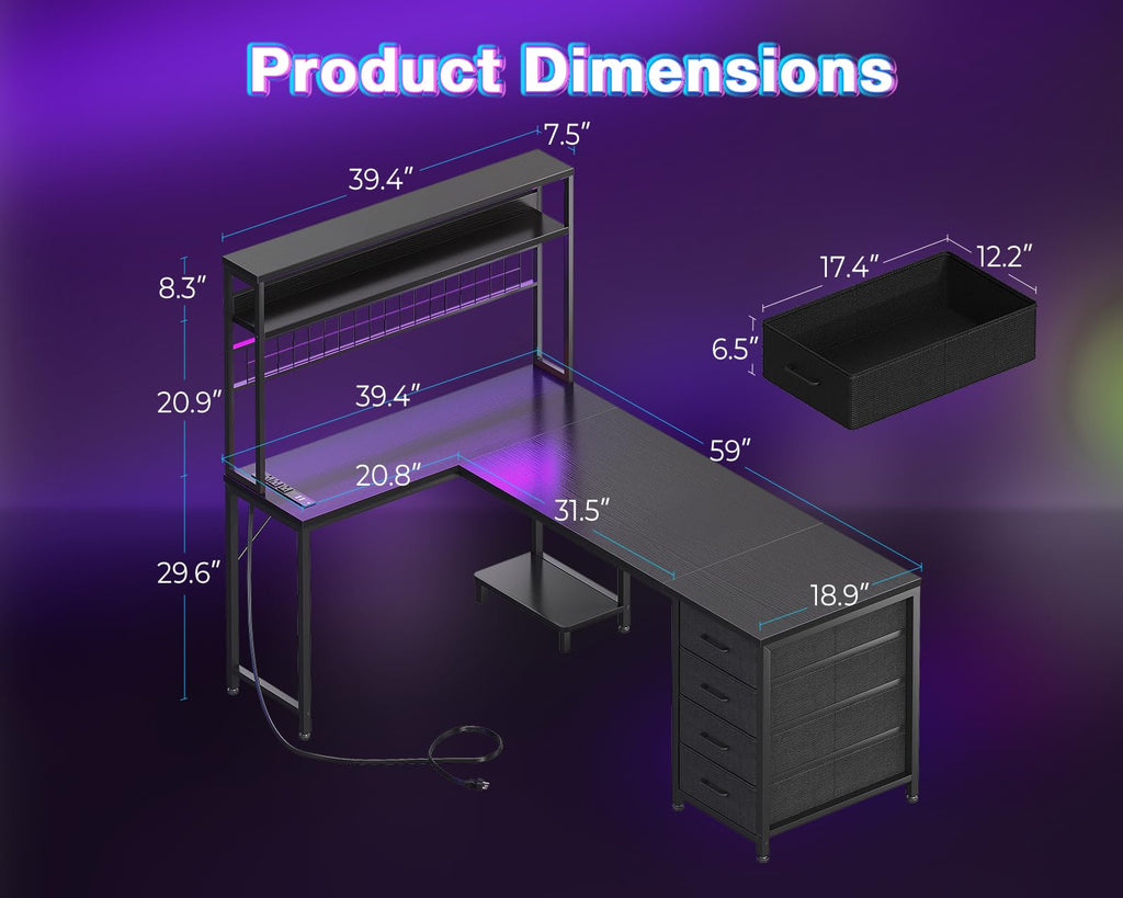 L Shaped Desk Gaming Desk with LED Light & Power Outlet | 53 Inch Home Office