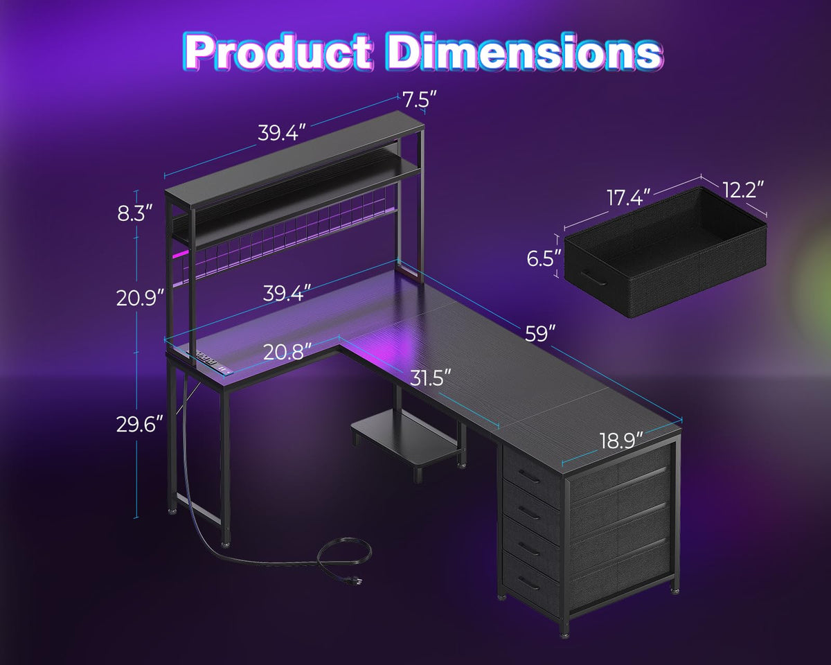 L Shaped Desk Gaming Desk with LED Light & Power Outlet | 53 Inch Home Office