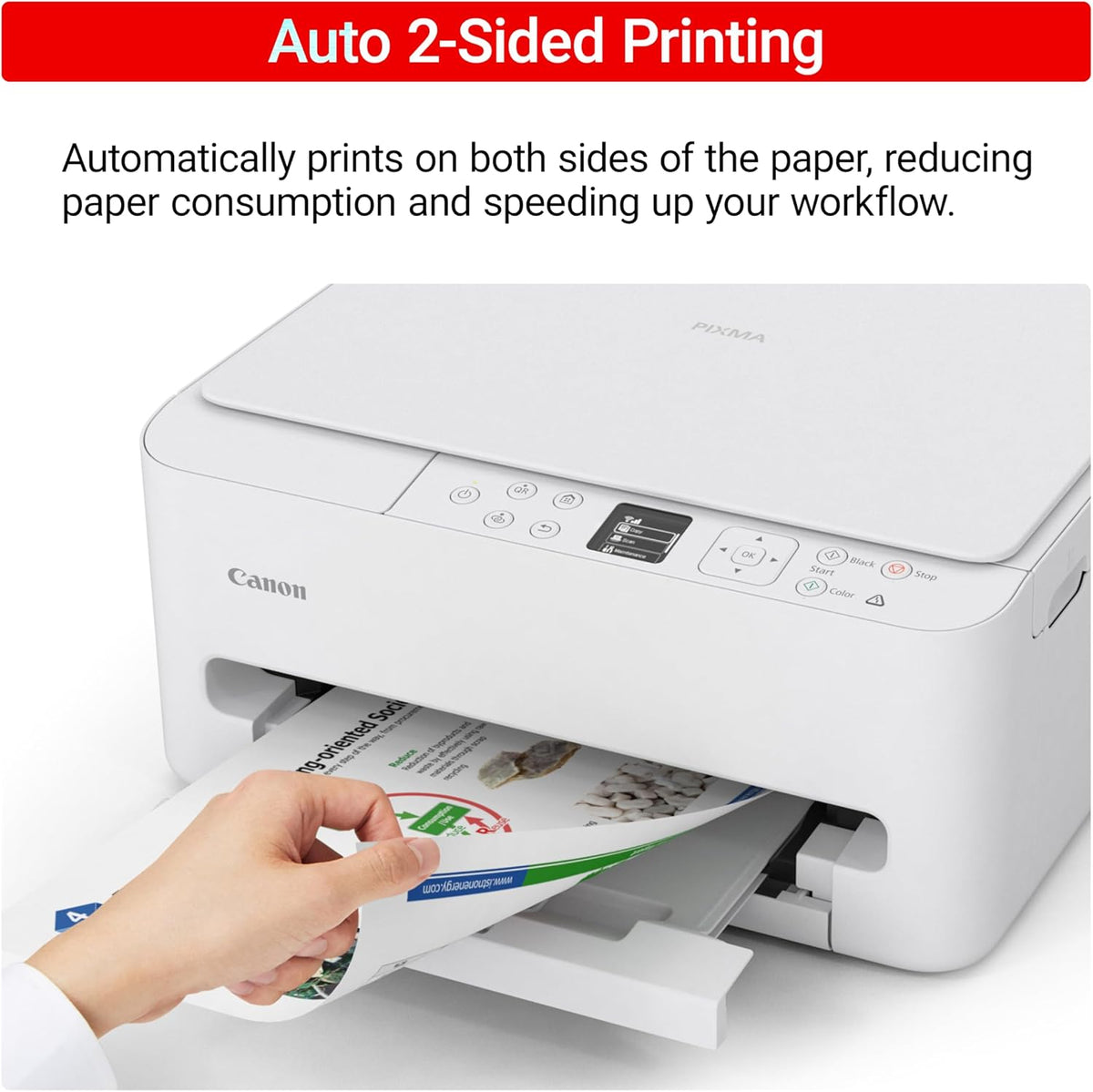 Canon printer with a hand inserting paper, highlighting auto 2-sided printing feature.