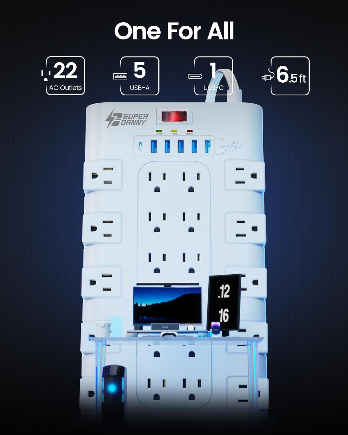 SUPERDANNY Power Strip Surge Protector, 22 AC 6 USB, 2100J, 6.5Ft,1875W/15A