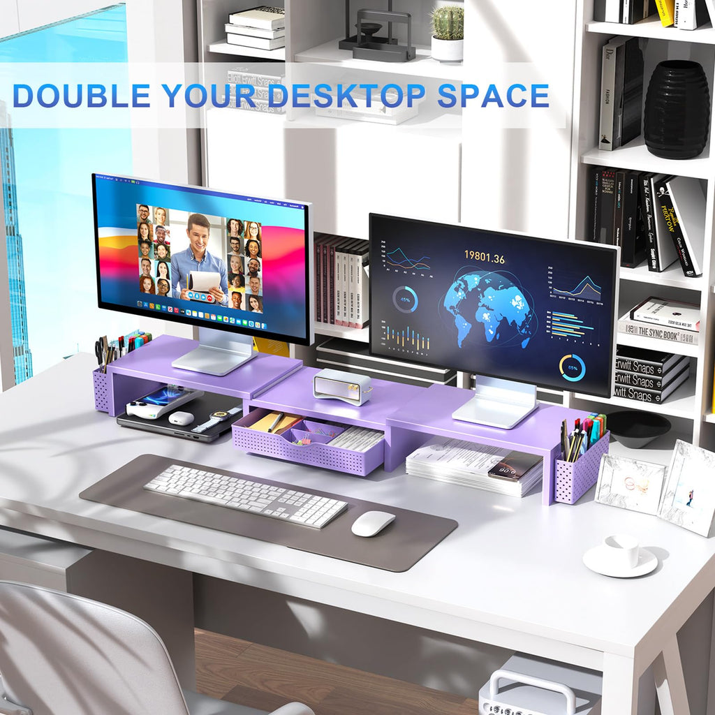 Dual Monitor Stand Riser with Storage Drawer & Pen Holders