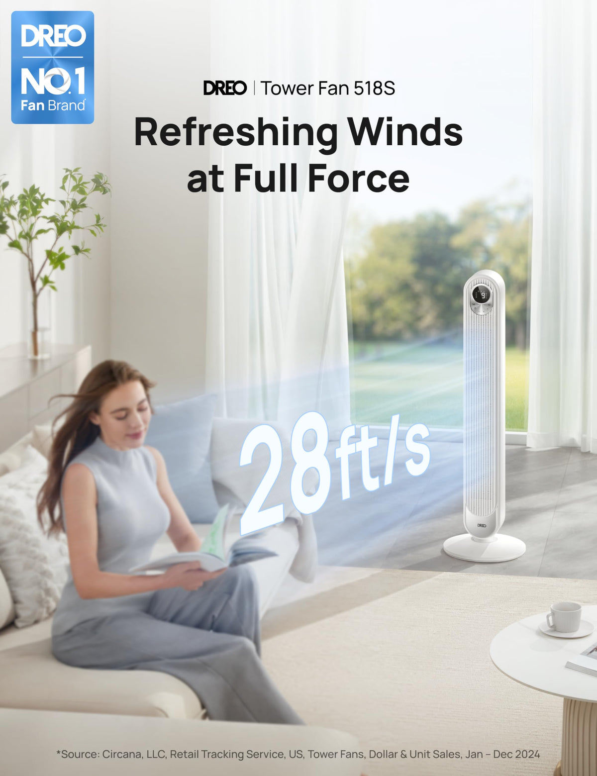 DREO Tower Fan for Bedroom, 25ft/s Velocity, 28dB Ultra Quiet, 4 Speeds