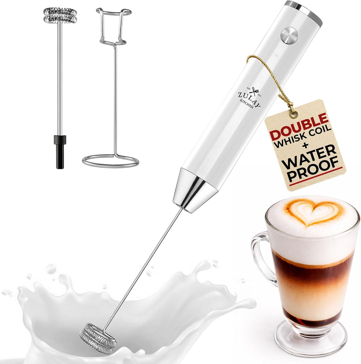 Zulay Kitchen Rechargeable Milk Frother Handheld - Frother Wand, Drink Mixer, Electric Whisk Frother, for Cappuccinos, Matcha & Protein Powder - Dynamic 3 Whisk, 3 Speed 500mAh Black