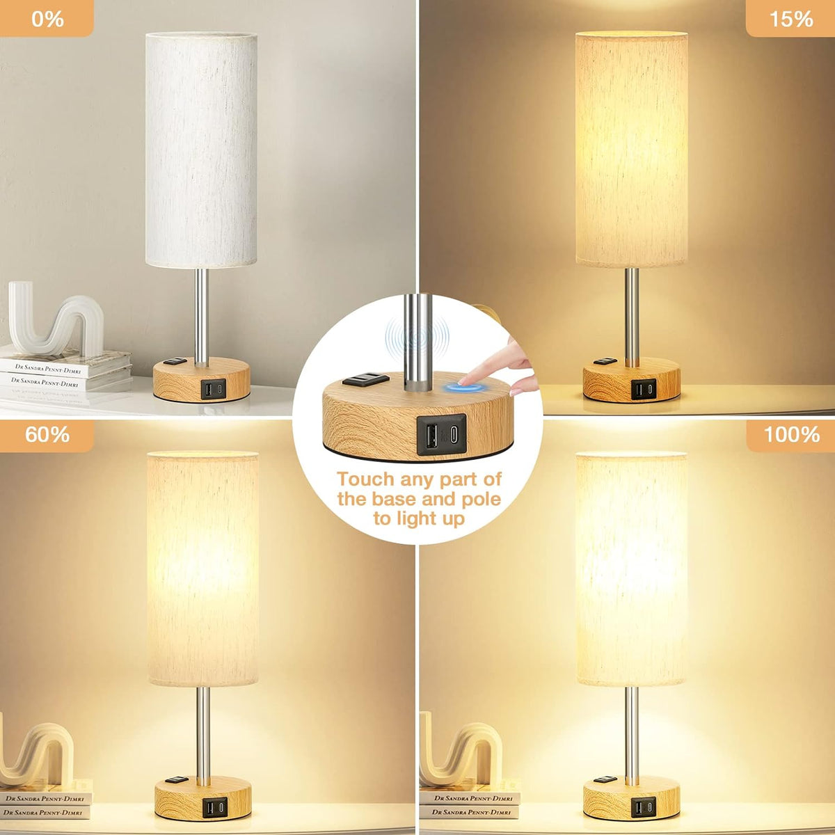 Bedside Table Lamp - Dimmable Touch, Wood-Grain Metal Base