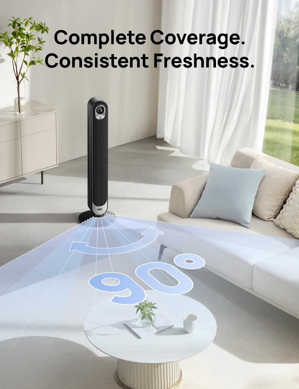 DREO Tower Fan for Bedroom, 25ft/s Velocity, 28dB Ultra Quiet, 4 Speeds
