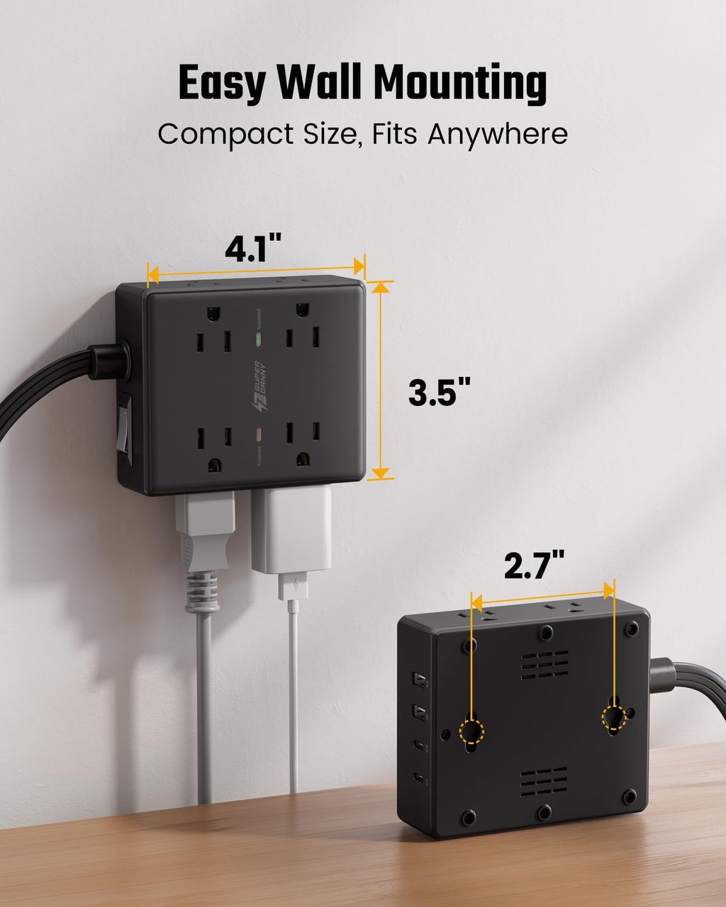 Extension Cord,Flat Plug Surge Protector Power Strip,10Ft | 8 AC & 4 USB Ports
