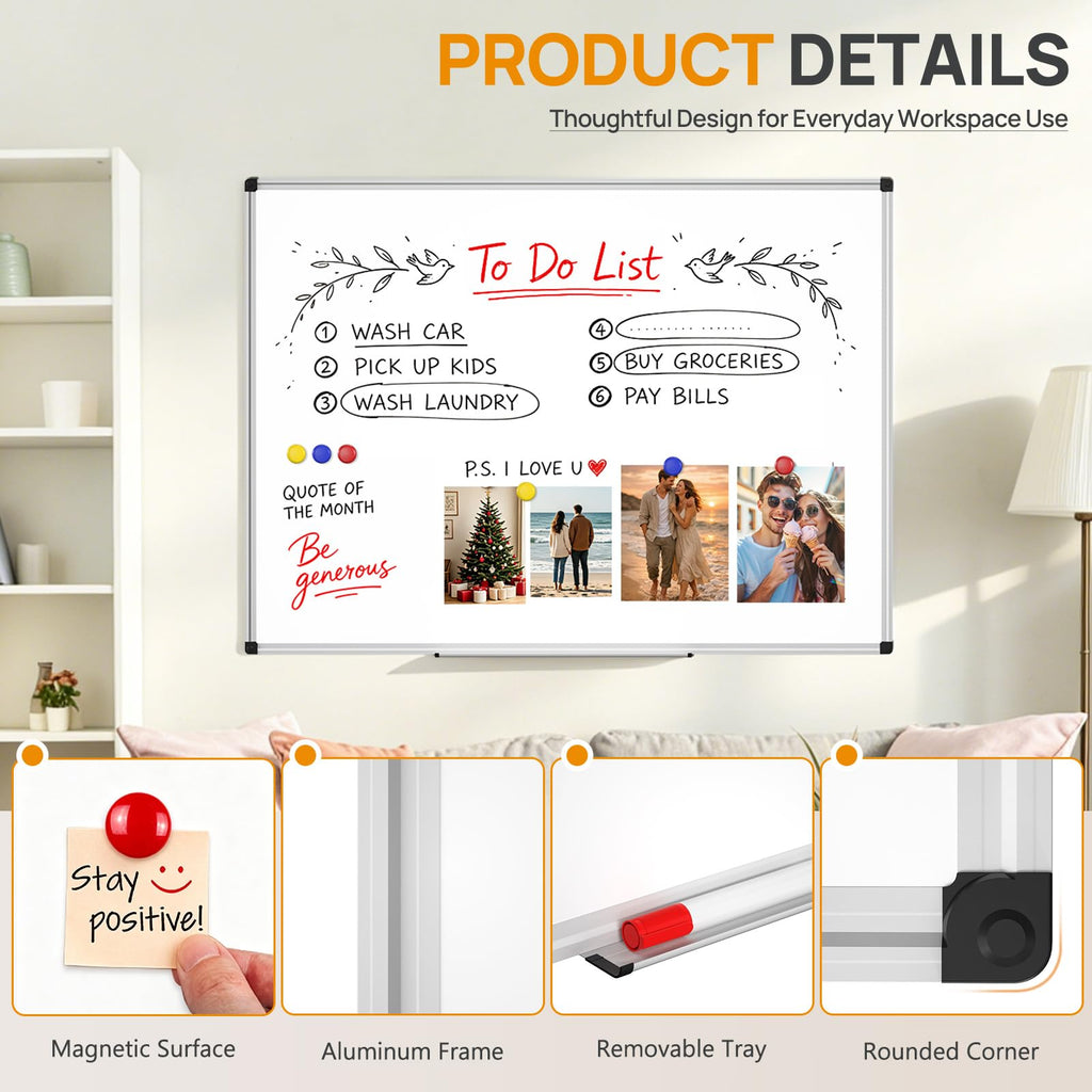 Magnetic Dry Erase Whiteboard, 46 x 33 Inch / 1 Magnetic Eraser, 2 Pens, Marker Tray, 6 Magnets