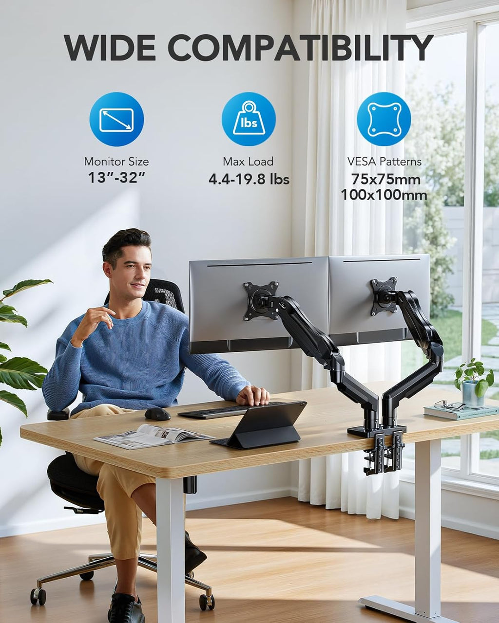 FlowLift™ Dual Monitor Stand, Fully Adjustable Gaming Desk Mount 13–32″ Screens,Each Arm Holds up to 19.8 lbs