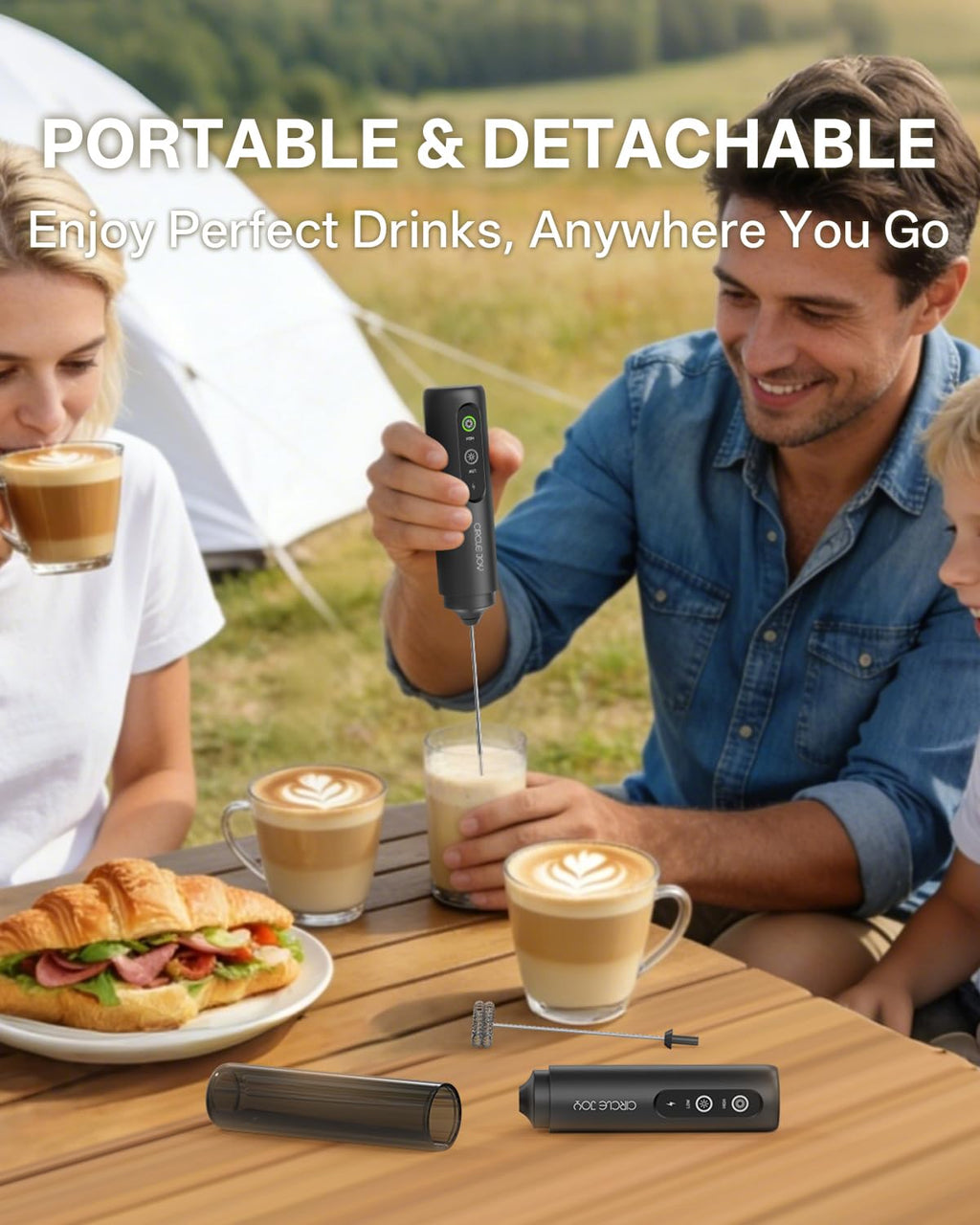 CIRCLE JOY Rechargeable Milk Frother Handheld, Dual Coil Whisk Head Electric Coffee Frother, Portable Hand Frother Wand Drink Mixer for Matcha Lattes Cappuccino, Kitchen Gifts, Black